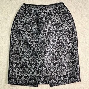 Ron Leal Skirt Womens 6 Silver Black Wool Silk Brocade Damask Pencil Chic Luxury